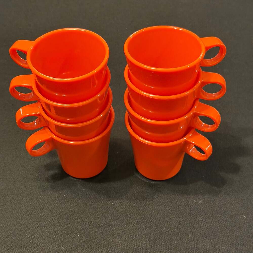 Vintage 70s Atomic Plastic Mugs Stackable DEKA Set of 8 Orange MINT